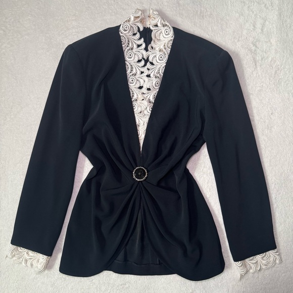 Vintage 80s 90s Black Blazer Jacket and Skirt Suit Set with Lace Details, Office - Picture 5 of 16